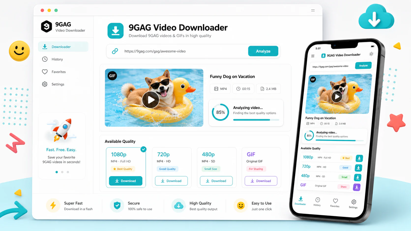 9GAG downloader infographic showing copy public link, paste URL, review formats, and save video responsibly in a modern Vidnabber interface.