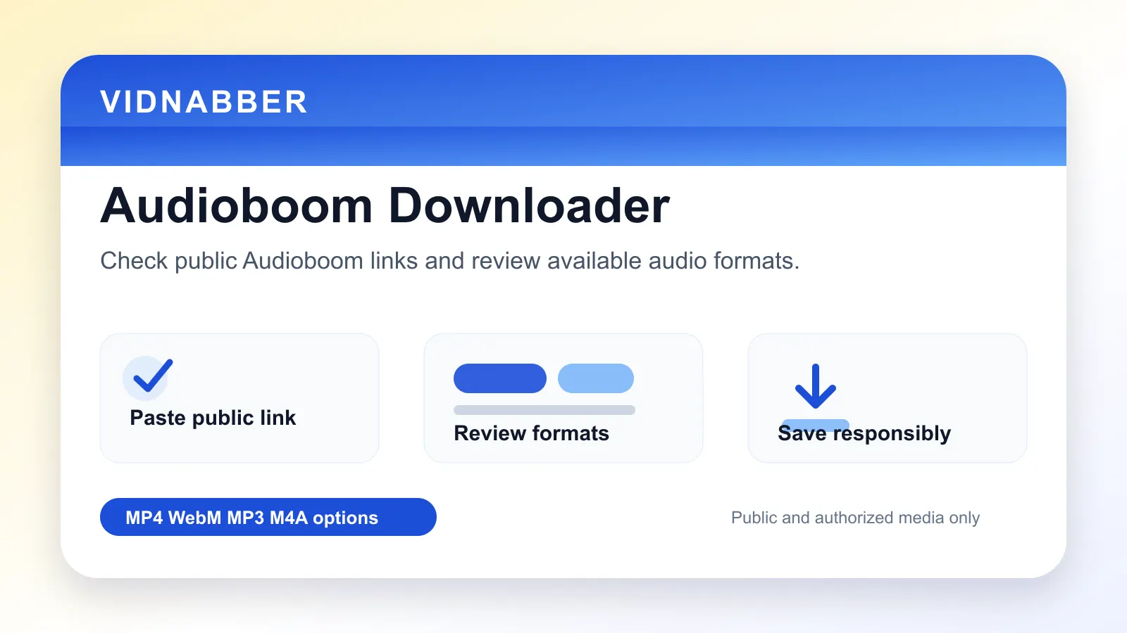 Audioboom downloader infographic showing copy public link, paste URL, review formats, and save audio responsibly in a modern Vidnabber interface.