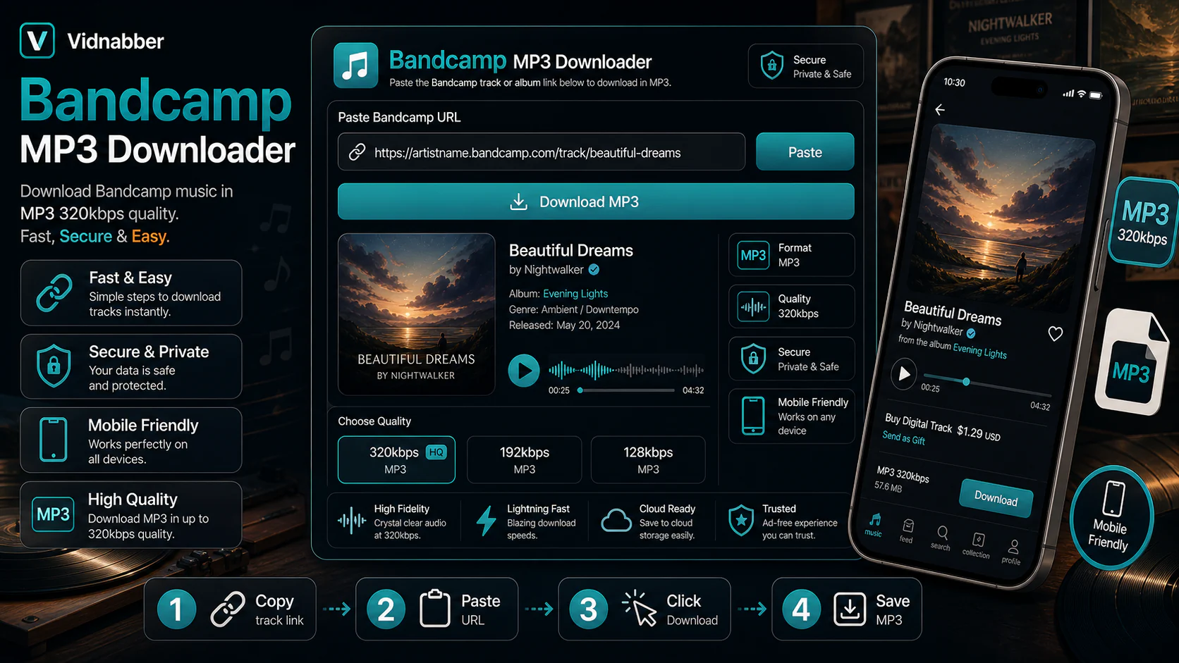 Bandcamp downloader infographic showing copy public link, paste URL, review formats, and save audio responsibly in a modern Vidnabber interface.