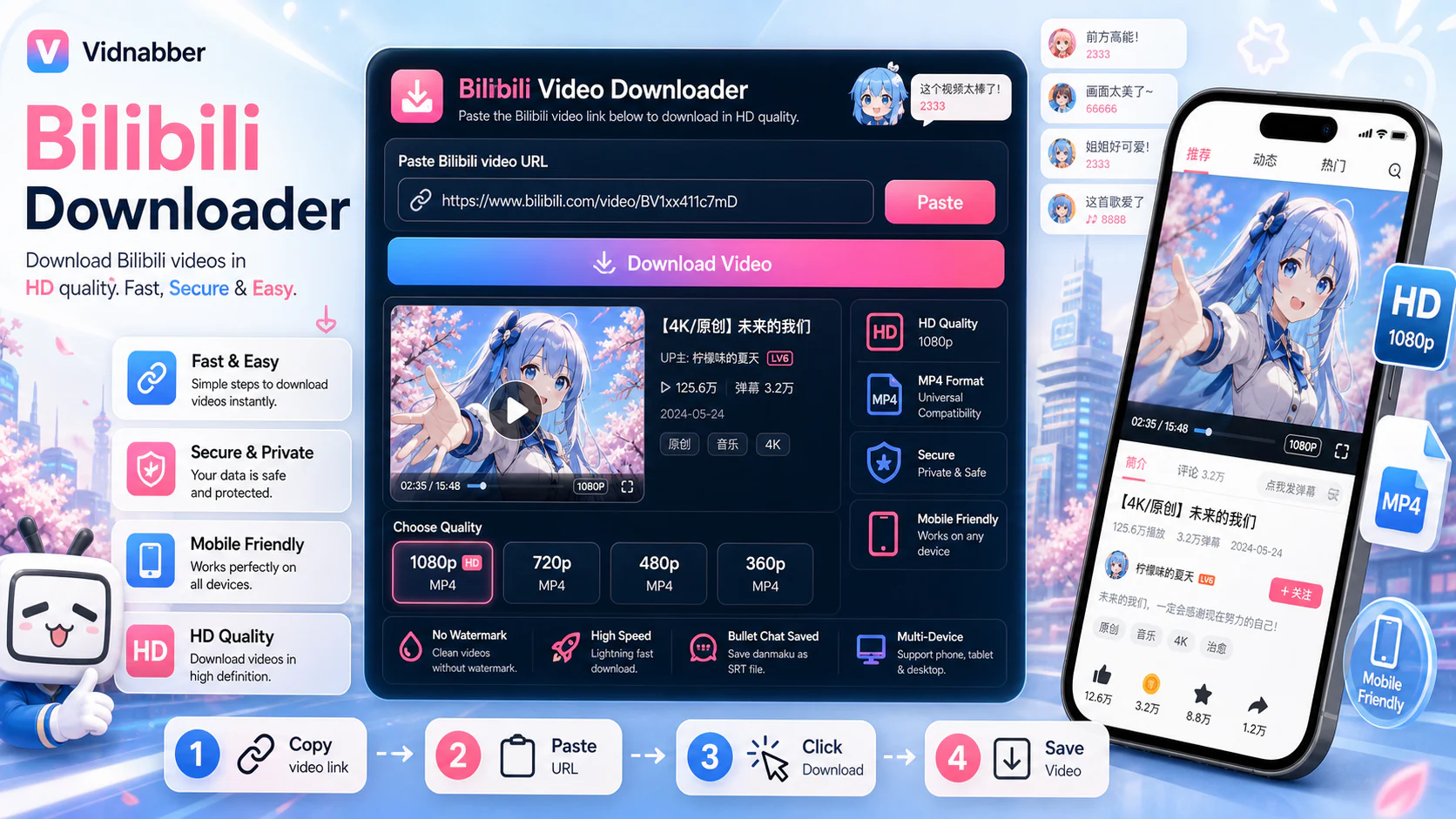 Bilibili downloader infographic showing copy public link, paste URL, review formats, and save video responsibly in a modern Vidnabber interface.