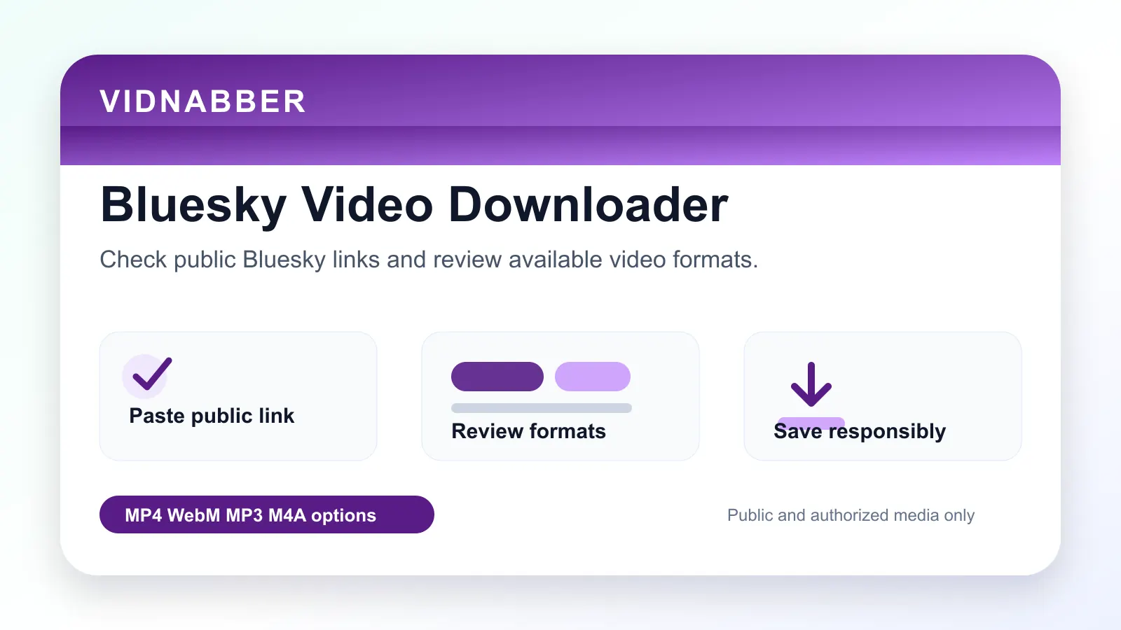 Bluesky downloader infographic showing copy public link, paste URL, review formats, and save video responsibly in a modern Vidnabber interface.