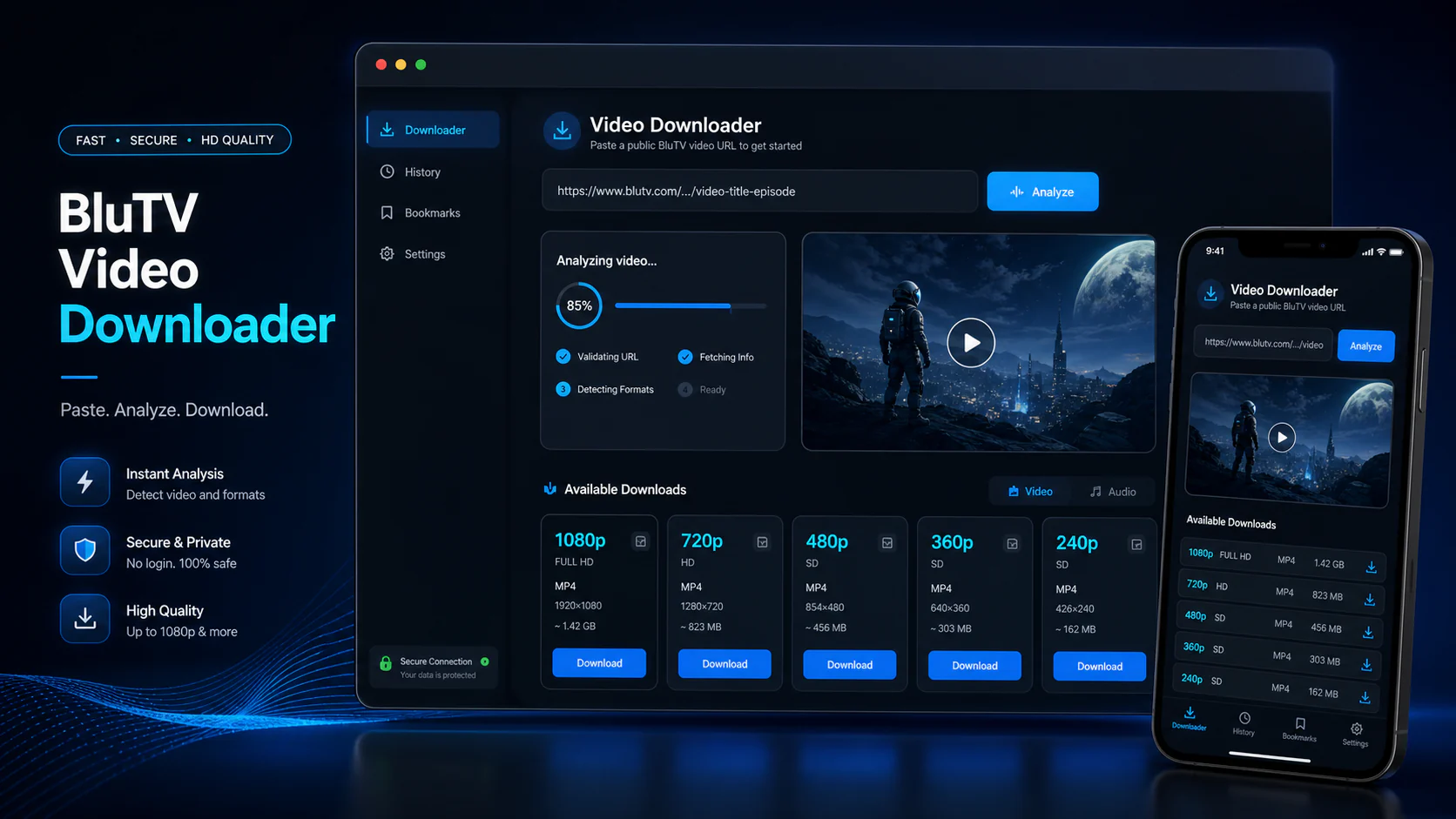 BluTV downloader infographic showing copy public link, paste URL, review formats, and save video responsibly in a modern Vidnabber interface.