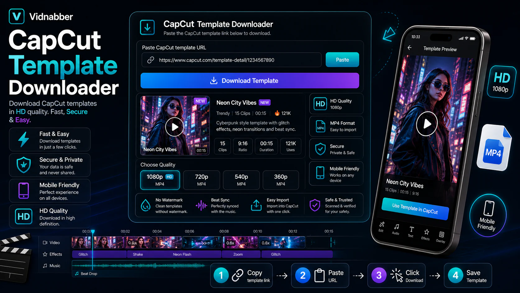 CapCut downloader infographic showing copy public link, paste URL, review formats, and save video responsibly in a modern Vidnabber interface.