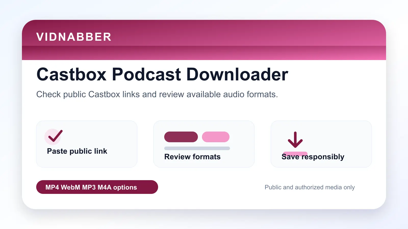 Castbox downloader infographic showing copy public link, paste URL, review formats, and save audio responsibly in a modern Vidnabber interface.
