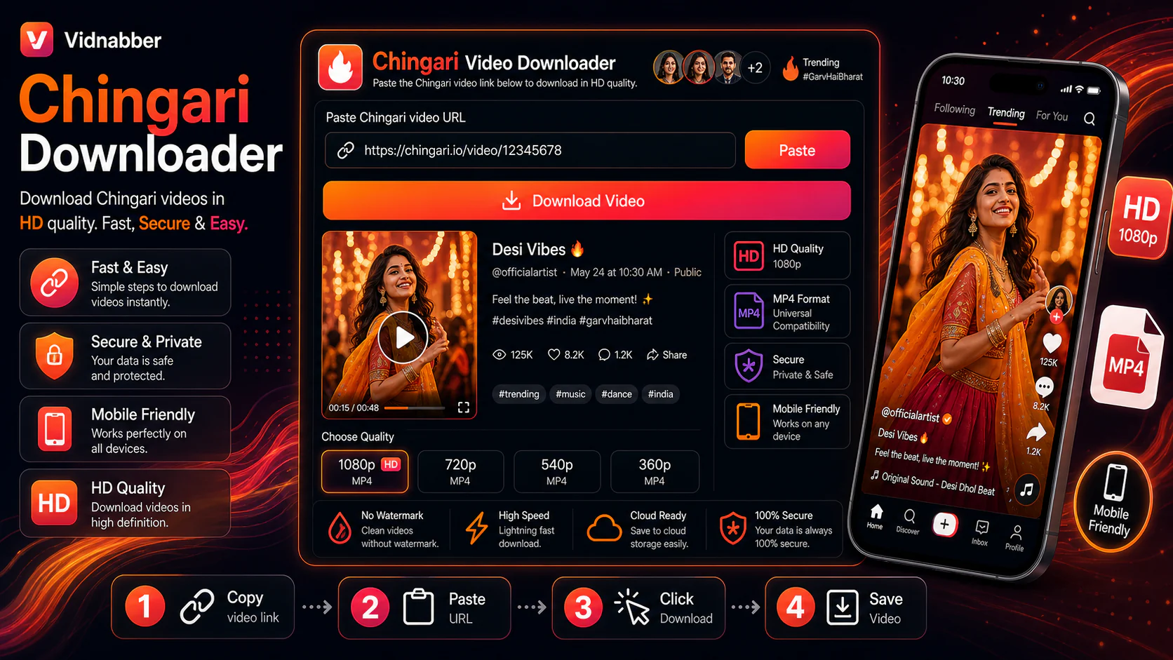 Chingari downloader infographic showing copy public link, paste URL, review formats, and save video responsibly in a modern Vidnabber interface.