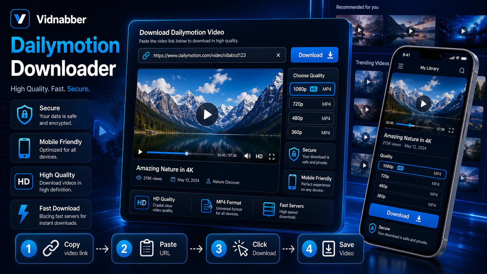 Dailymotion downloader infographic showing copy public link, paste URL, review formats, and save video responsibly in a modern Vidnabber interface.