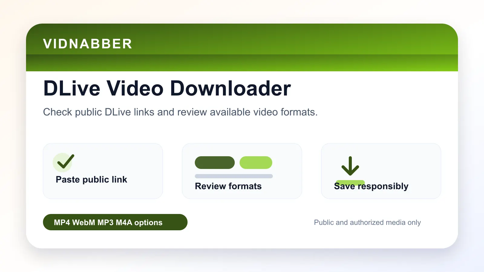 DLive downloader infographic showing copy public link, paste URL, review formats, and save video responsibly in a modern Vidnabber interface.