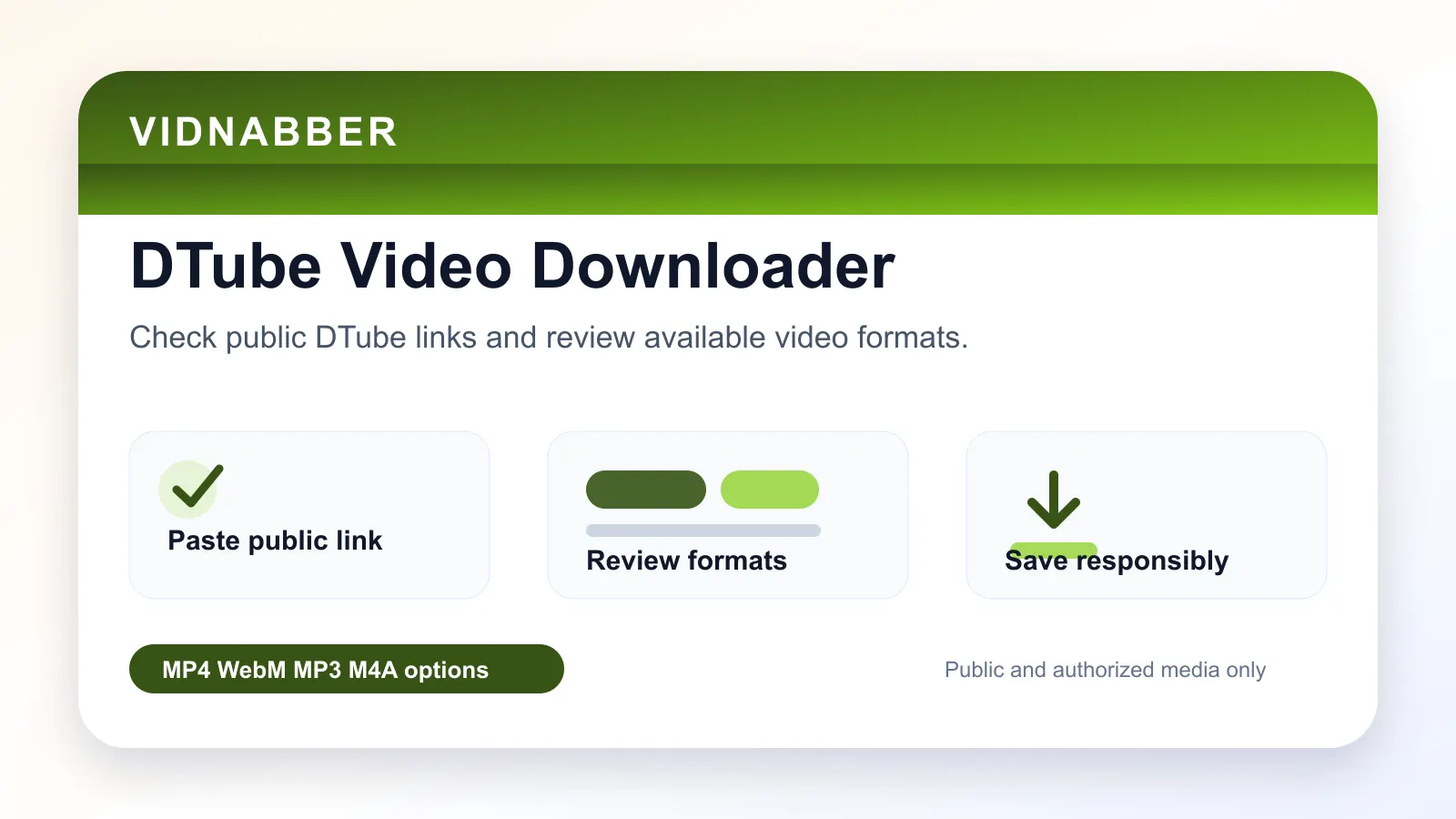 DTube downloader infographic showing copy public link, paste URL, review formats, and save video responsibly in a modern Vidnabber interface.