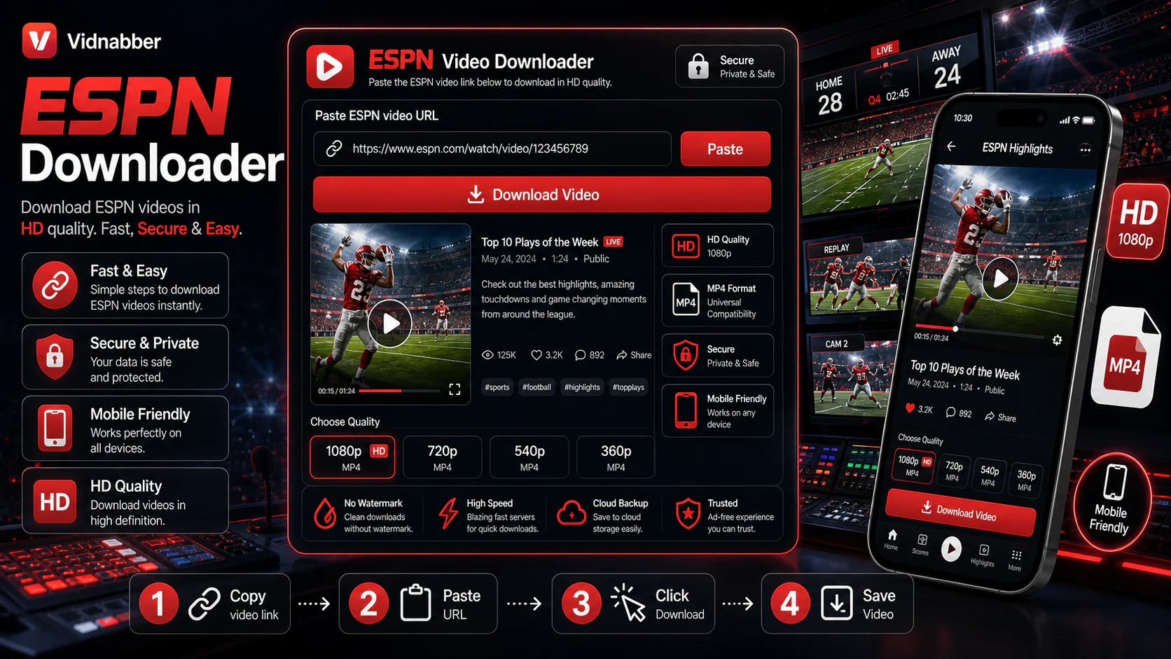 ESPN downloader infographic showing copy public link, paste URL, review formats, and save video responsibly in a modern Vidnabber interface.