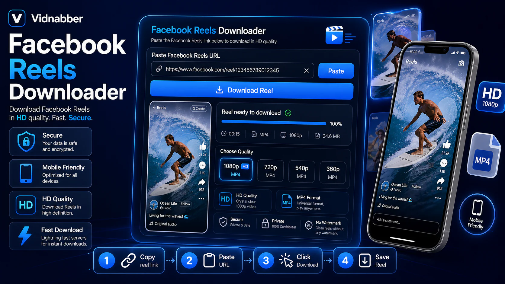 Facebook downloader infographic showing copy public link, paste URL, review formats, and save video responsibly in a modern Vidnabber interface.