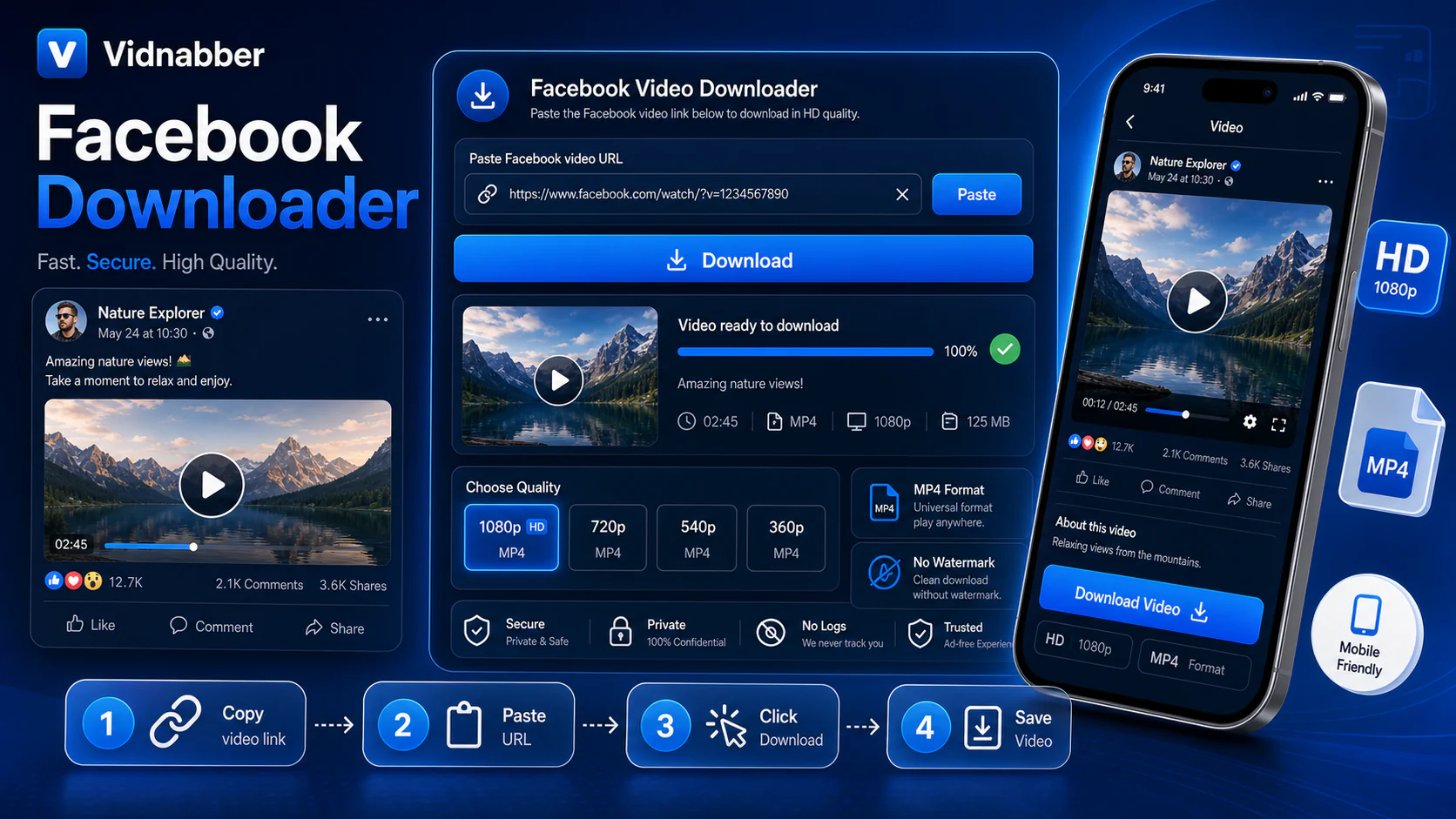 Facebook downloader infographic showing copy public link, paste URL, review formats, and save video responsibly in a modern Vidnabber interface.