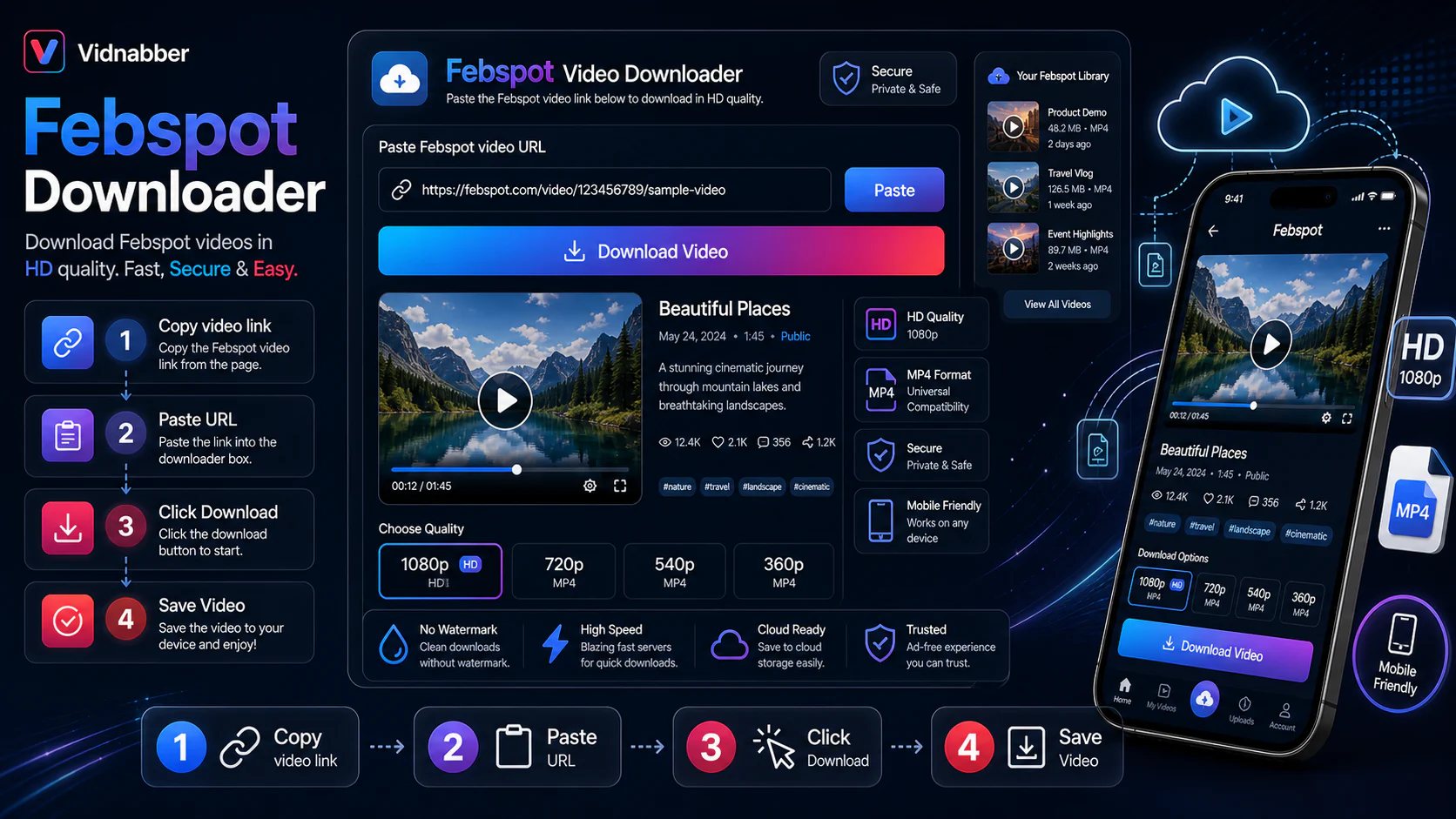 Febspot downloader infographic showing copy public link, paste URL, review formats, and save video responsibly in a modern Vidnabber interface.