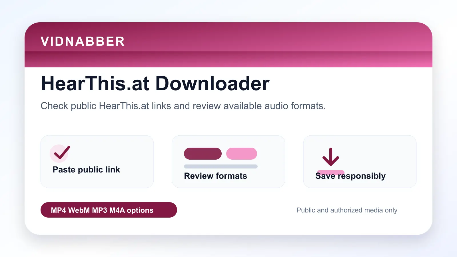HearThis.at downloader infographic showing copy public link, paste URL, review formats, and save audio responsibly in a modern Vidnabber interface.