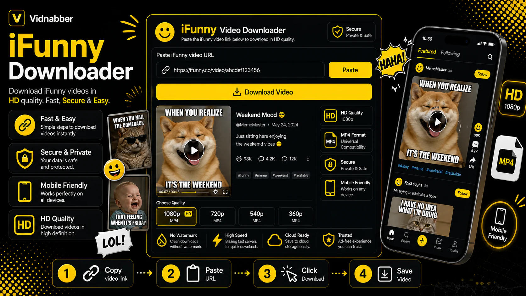 iFunny downloader infographic showing copy public link, paste URL, review formats, and save video responsibly in a modern Vidnabber interface.