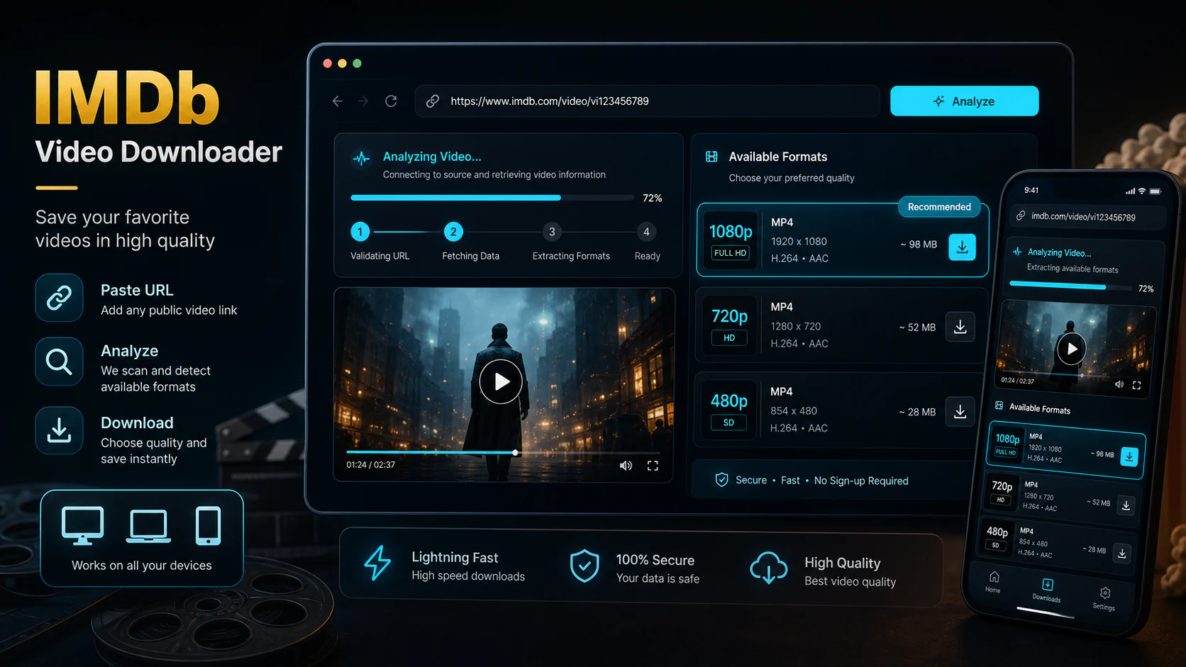 IMDb downloader infographic showing copy public link, paste URL, review formats, and save video responsibly in a modern Vidnabber interface.