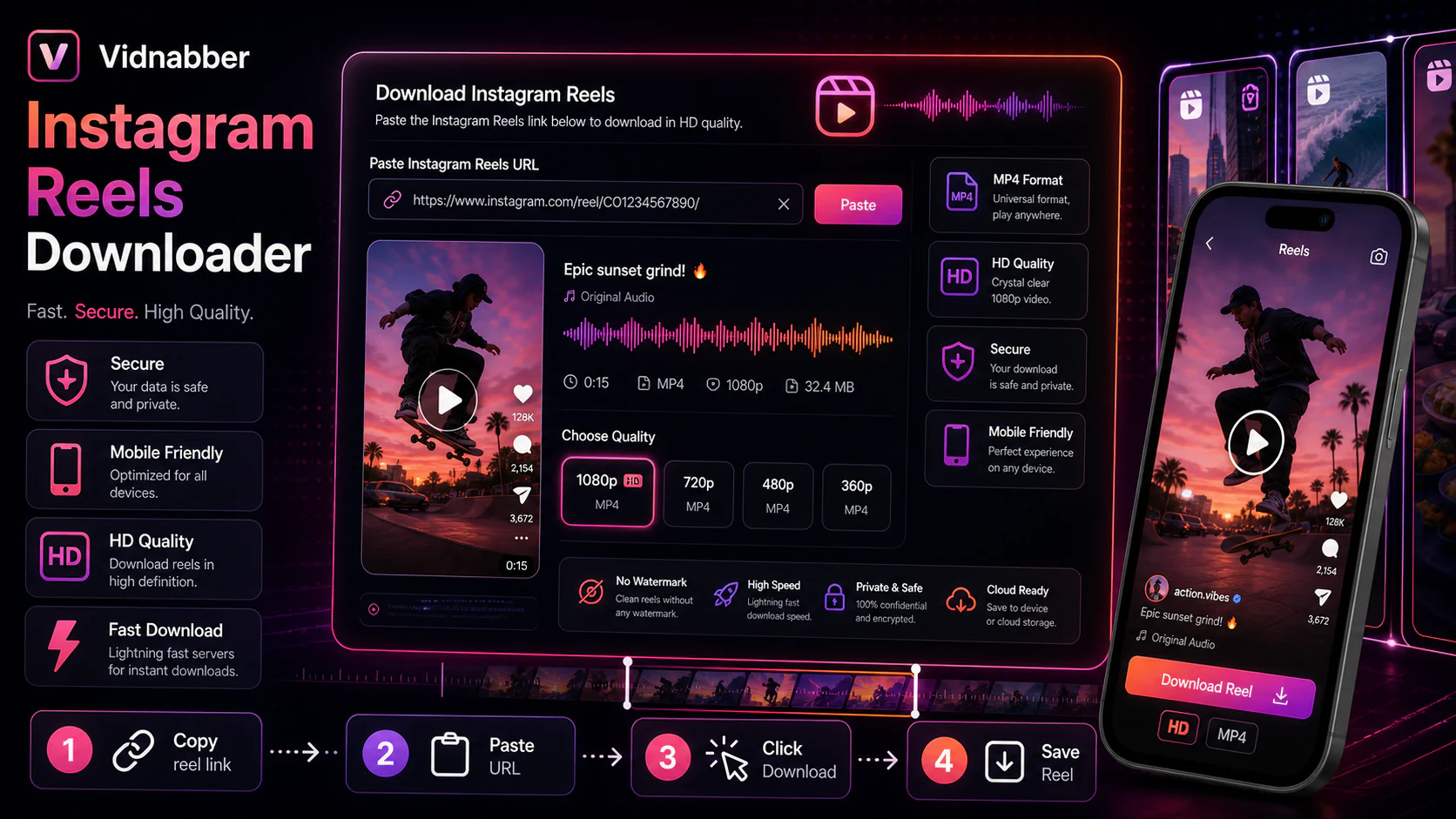 Instagram downloader infographic showing copy public link, paste URL, review formats, and save video responsibly in a modern Vidnabber interface.