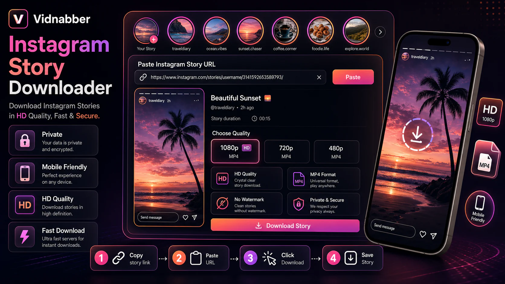 Instagram downloader infographic showing copy public link, paste URL, review formats, and save video responsibly in a modern Vidnabber interface.