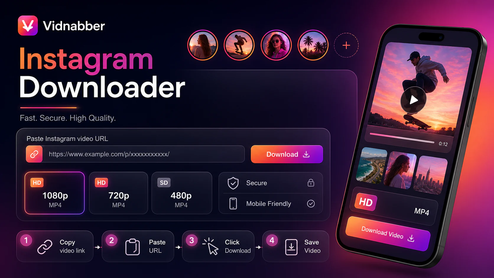 Instagram downloader infographic showing copy public link, paste URL, review formats, and save video responsibly in a modern Vidnabber interface.