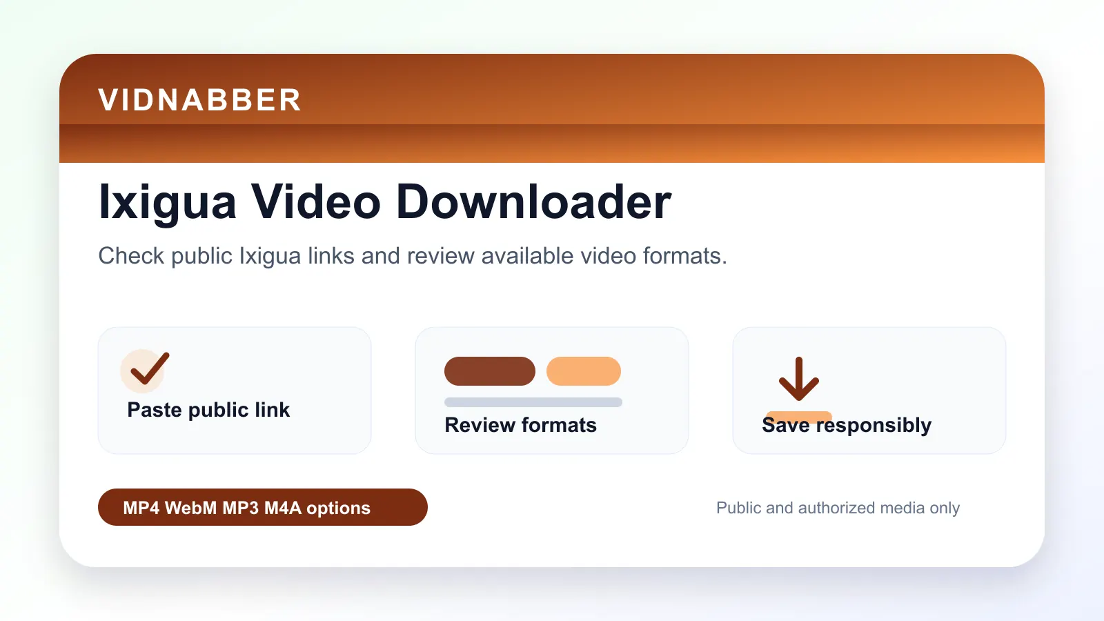 Ixigua downloader infographic showing copy public link, paste URL, review formats, and save video responsibly in a modern Vidnabber interface.