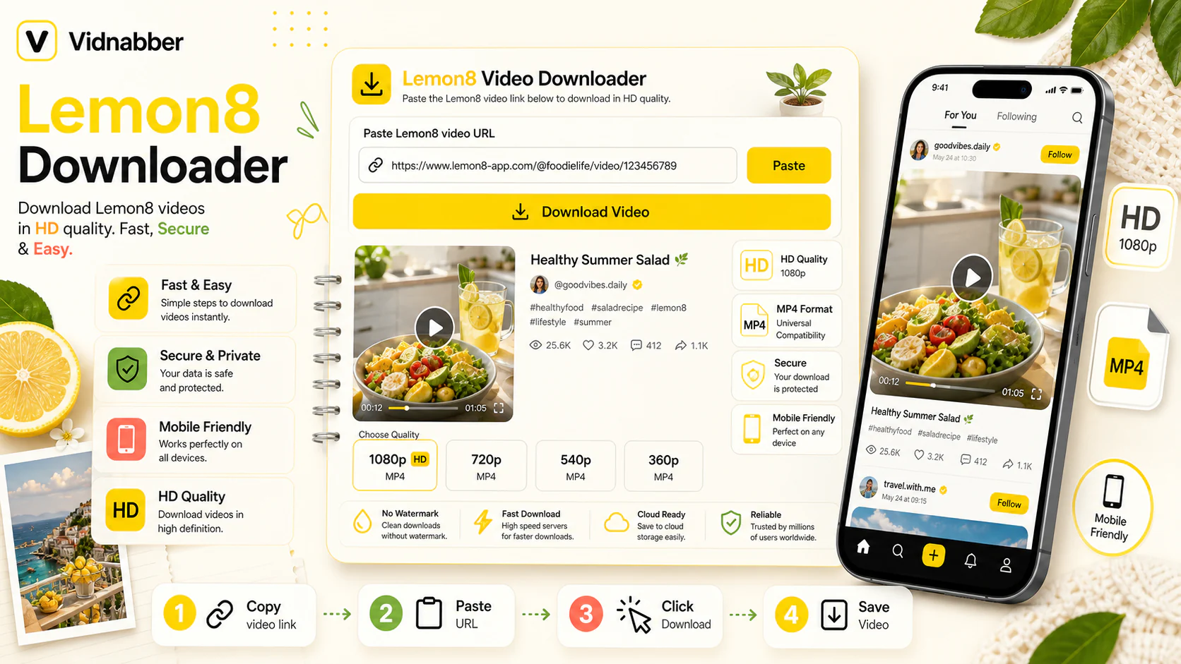 Lemon8 downloader infographic showing copy public link, paste URL, review formats, and save video responsibly in a modern Vidnabber interface.
