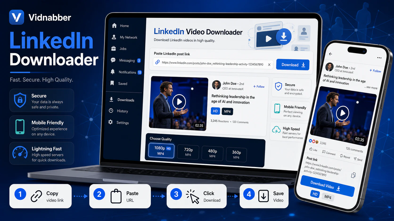 LinkedIn downloader infographic showing copy public link, paste URL, review formats, and save video responsibly in a modern Vidnabber interface.
