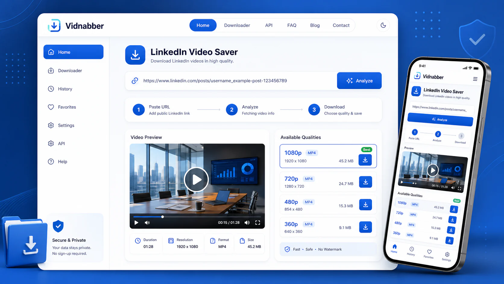 LinkedIn downloader infographic showing copy public link, paste URL, review formats, and save video responsibly in a modern Vidnabber interface.