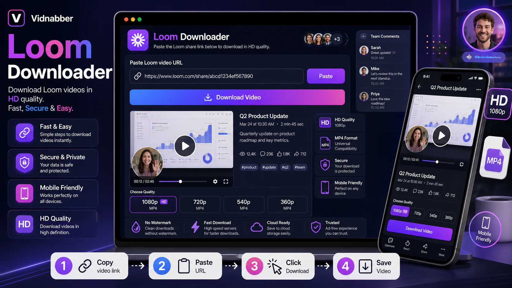 Loom downloader infographic showing copy public link, paste URL, review formats, and save video responsibly in a modern Vidnabber interface.