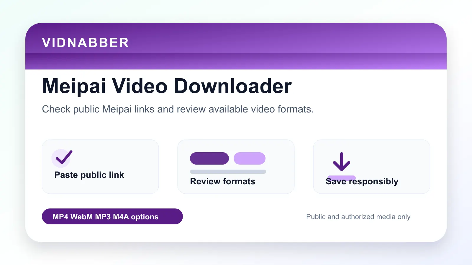 Meipai downloader infographic showing copy public link, paste URL, review formats, and save video responsibly in a modern Vidnabber interface.