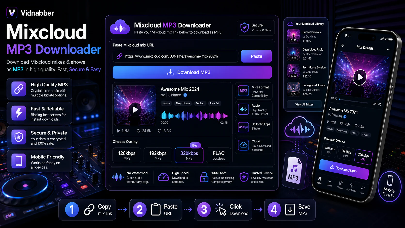 Mixcloud downloader infographic showing copy public link, paste URL, review formats, and save audio responsibly in a modern Vidnabber interface.