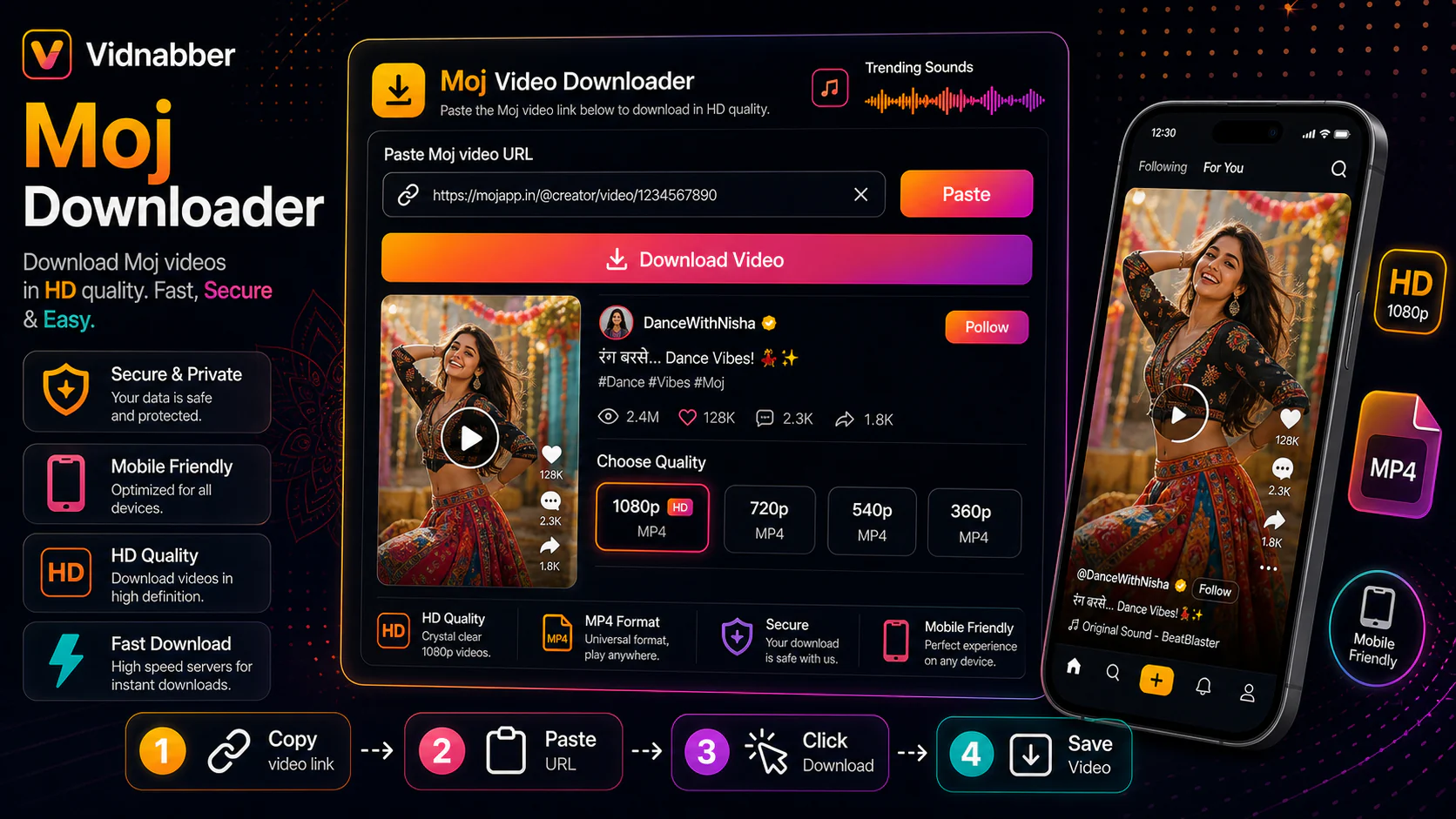 Moj downloader infographic showing copy public link, paste URL, review formats, and save video responsibly in a modern Vidnabber interface.