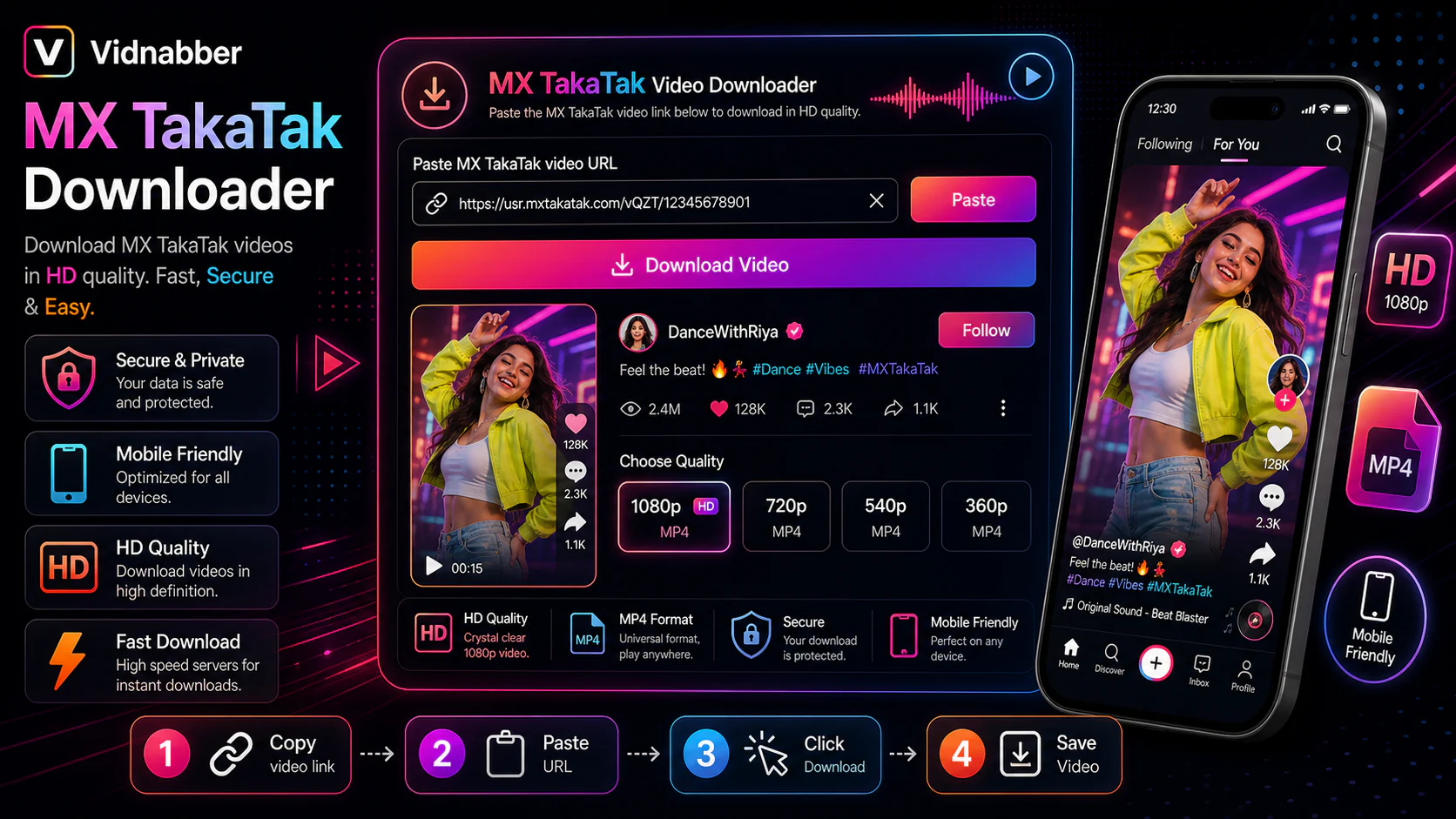 MX TakaTak downloader infographic showing copy public link, paste URL, review formats, and save video responsibly in a modern Vidnabber interface.