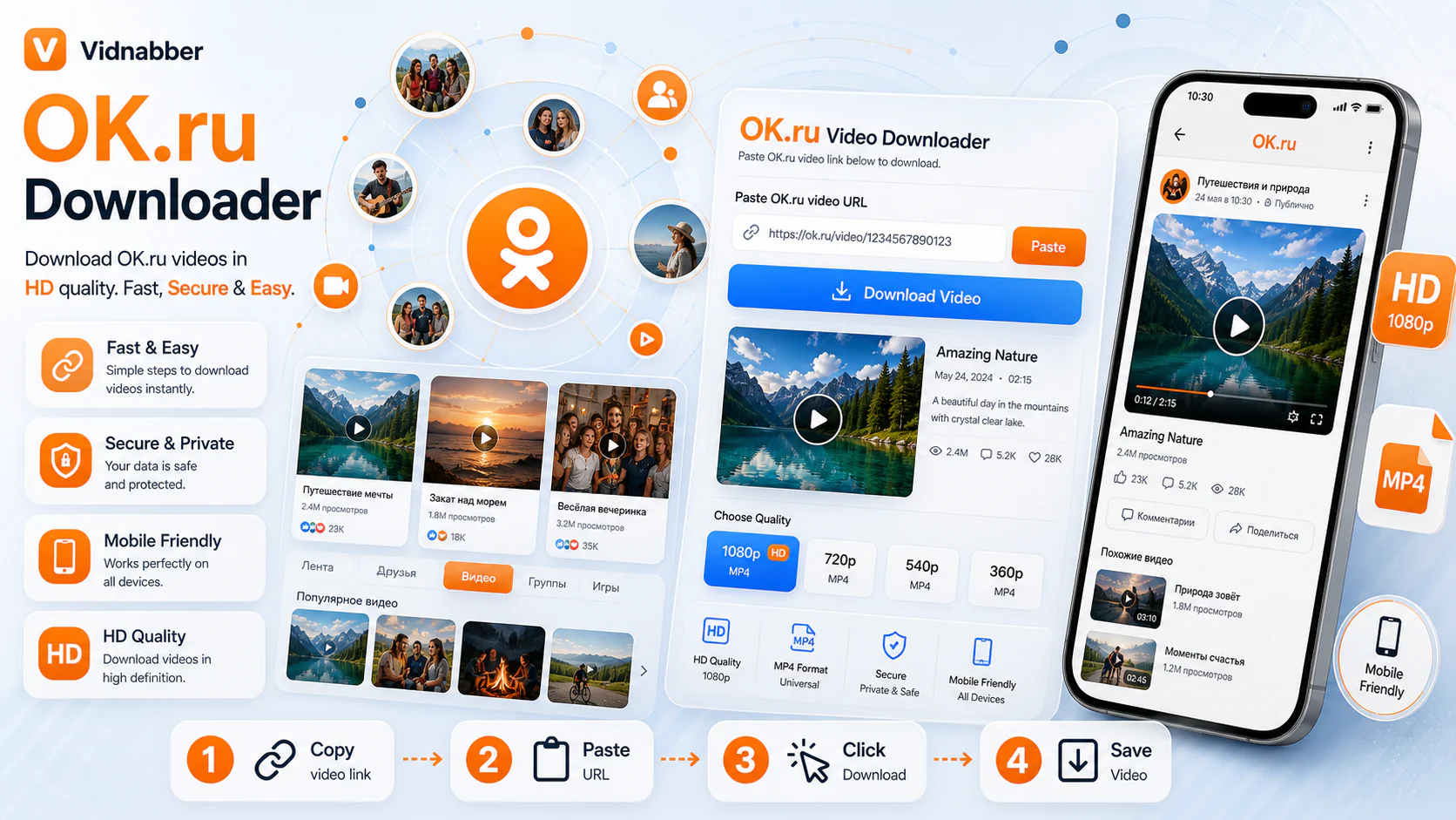 OK.ru downloader infographic showing copy public link, paste URL, review formats, and save video responsibly in a modern Vidnabber interface.