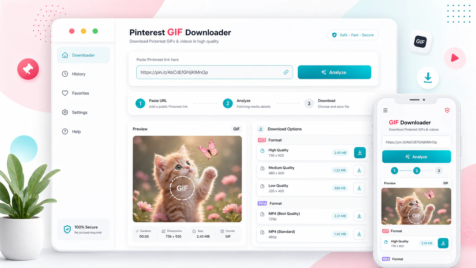 Pinterest downloader infographic showing copy public link, paste URL, review formats, and save video responsibly in a modern Vidnabber interface.