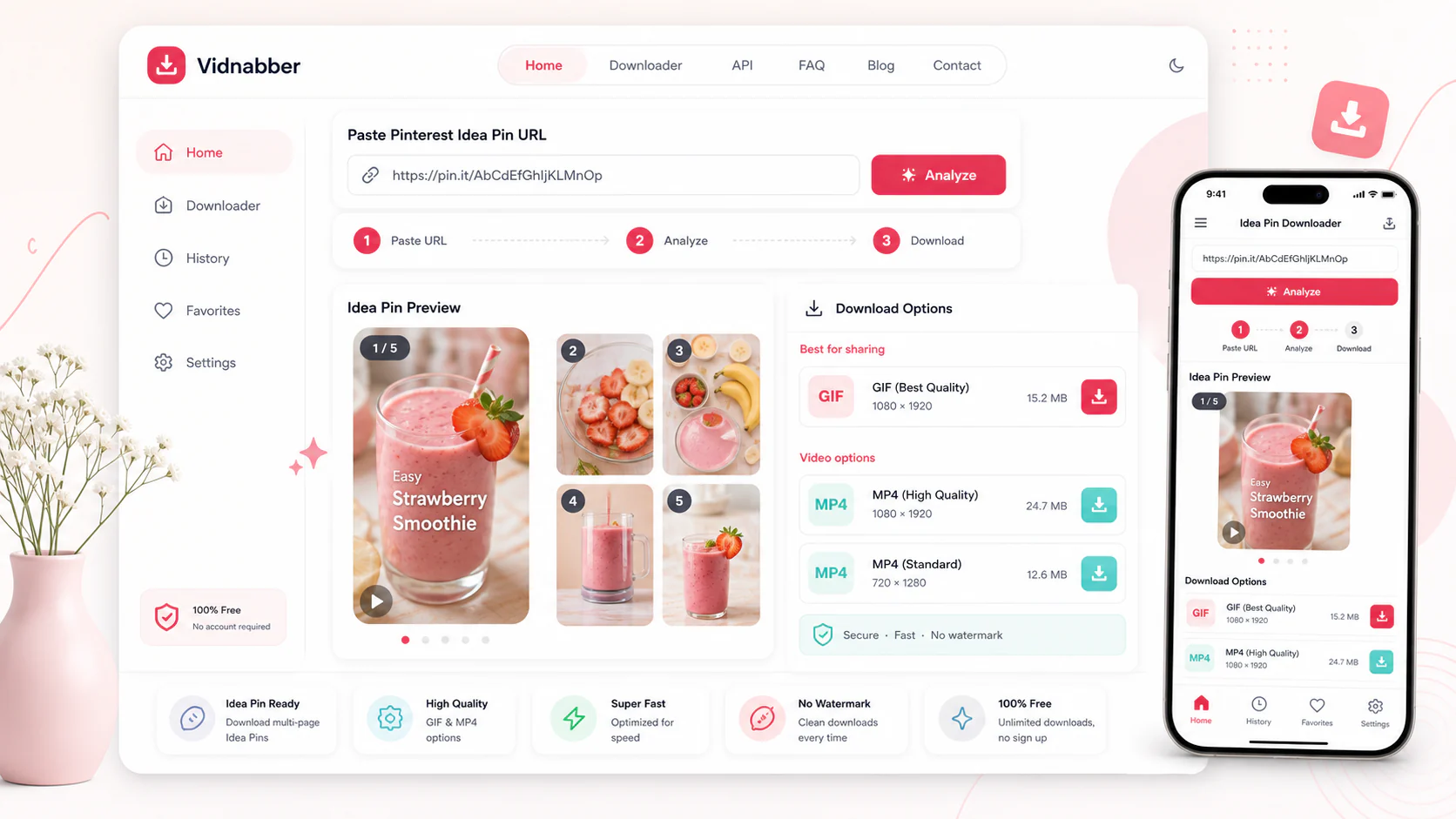 Pinterest downloader infographic showing copy public link, paste URL, review formats, and save video responsibly in a modern Vidnabber interface.