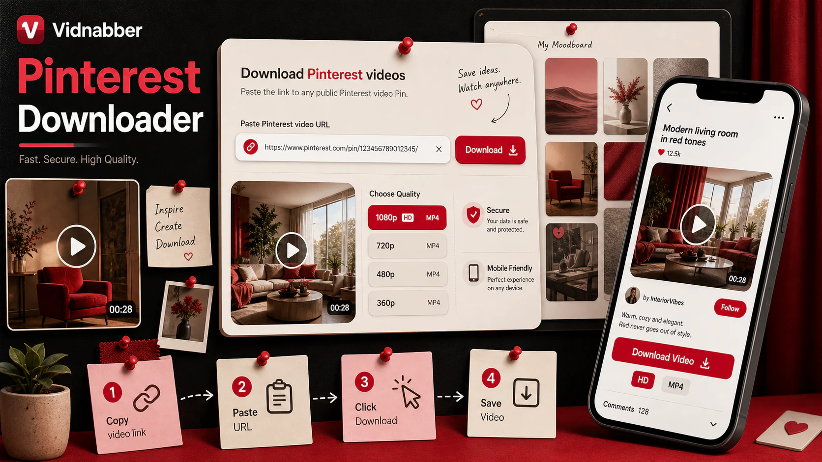 Pinterest downloader infographic showing copy public link, paste URL, review formats, and save video responsibly in a modern Vidnabber interface.