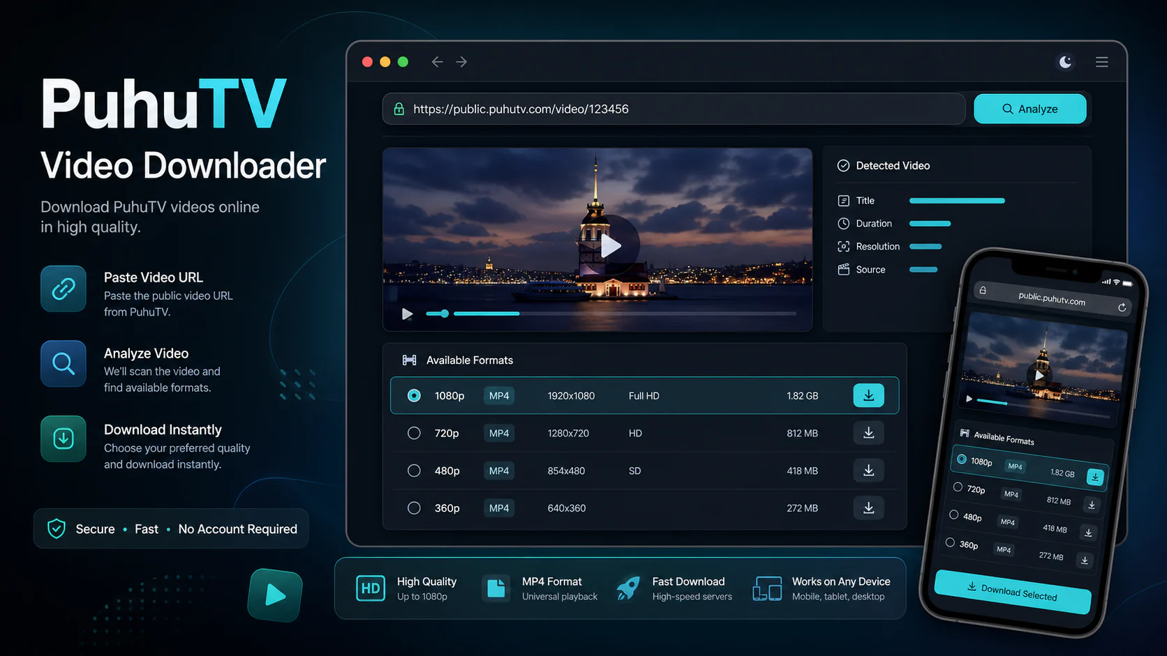 PuhuTV downloader infographic showing copy public link, paste URL, review formats, and save video responsibly in a modern Vidnabber interface.