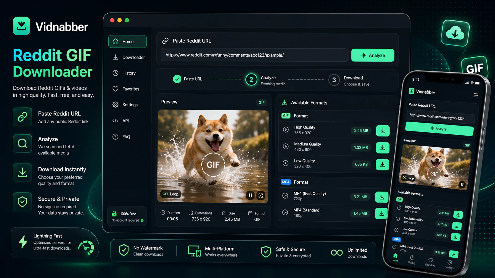 Reddit downloader infographic showing copy public link, paste URL, review formats, and save video responsibly in a modern Vidnabber interface.