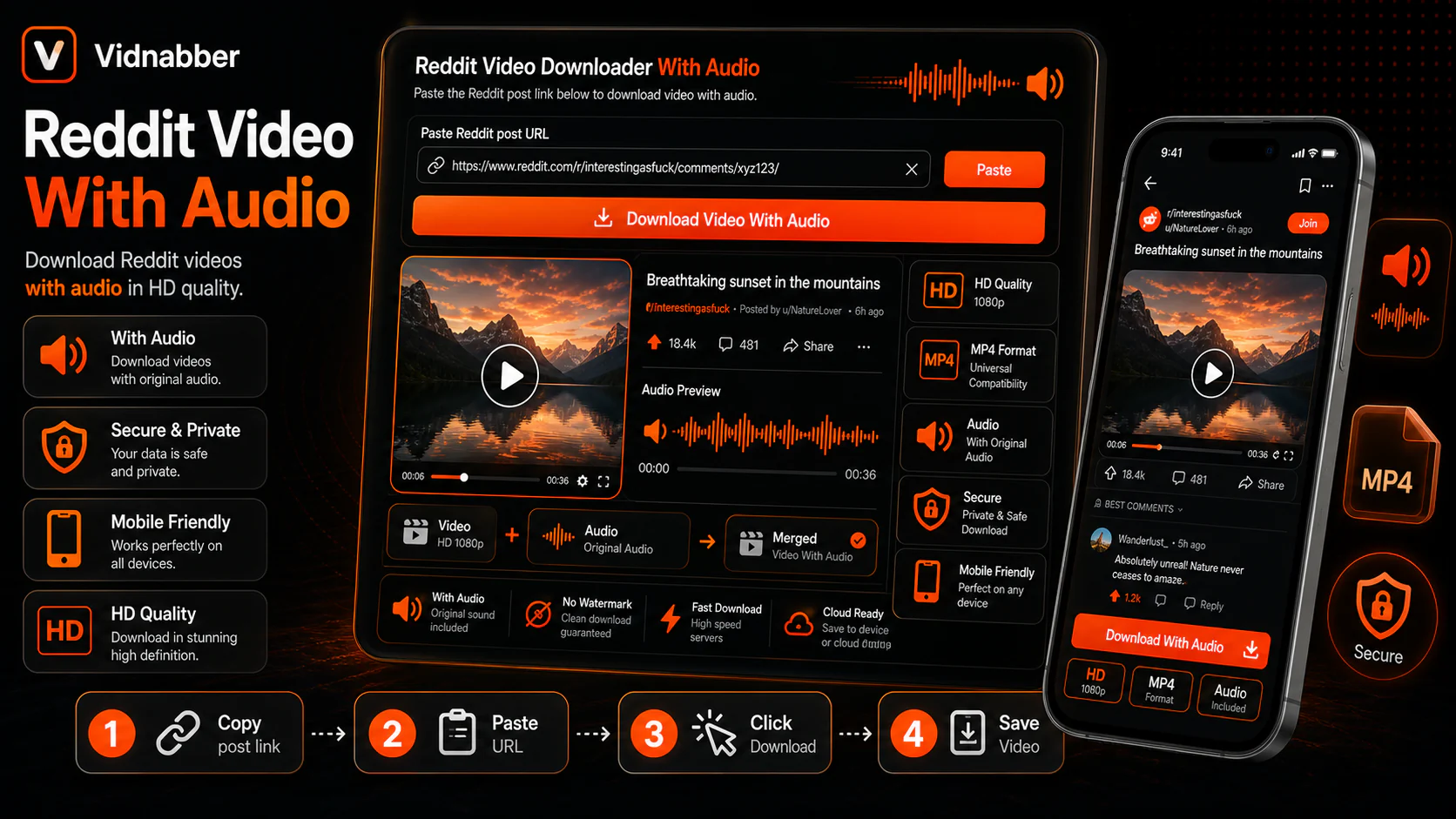 Reddit downloader infographic showing copy public link, paste URL, review formats, and save video responsibly in a modern Vidnabber interface.