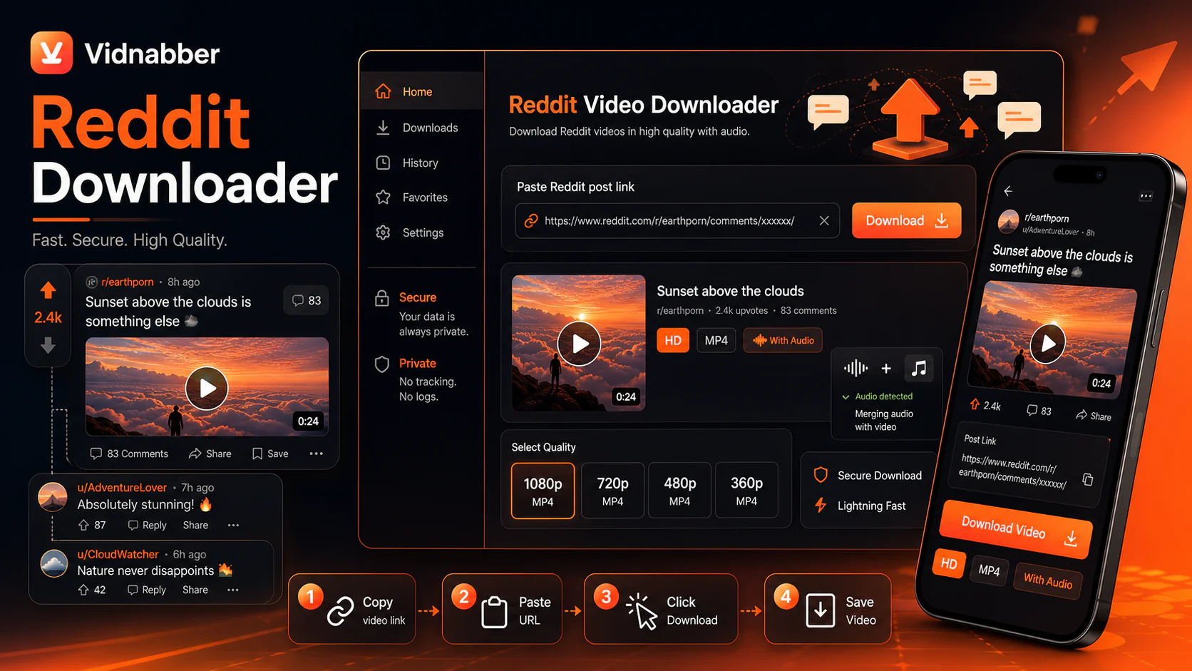 Reddit downloader infographic showing copy public link, paste URL, review formats, and save video responsibly in a modern Vidnabber interface.