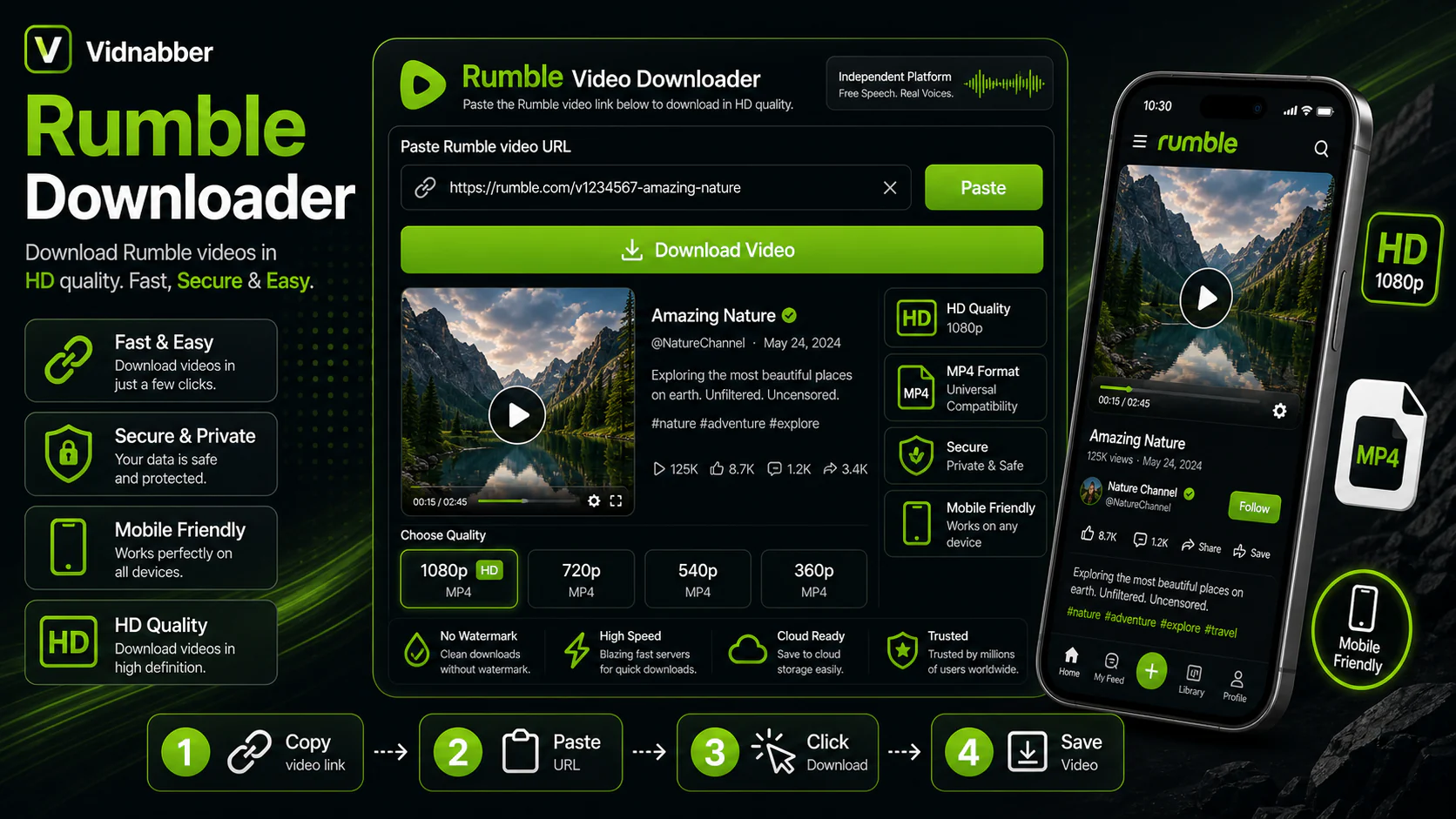 Rumble downloader infographic showing copy public link, paste URL, review formats, and save video responsibly in a modern Vidnabber interface.