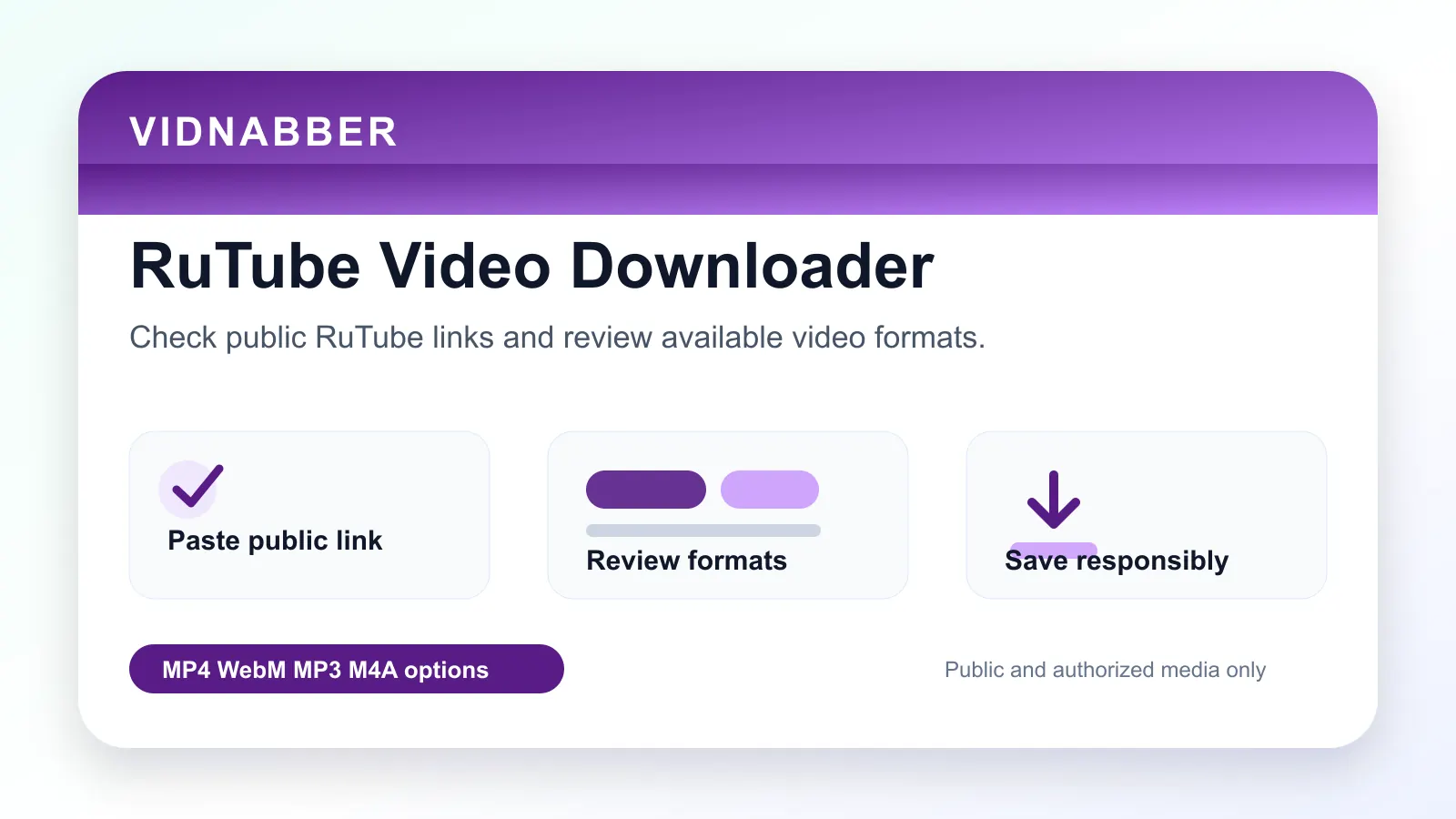 RuTube downloader infographic showing copy public link, paste URL, review formats, and save video responsibly in a modern Vidnabber interface.