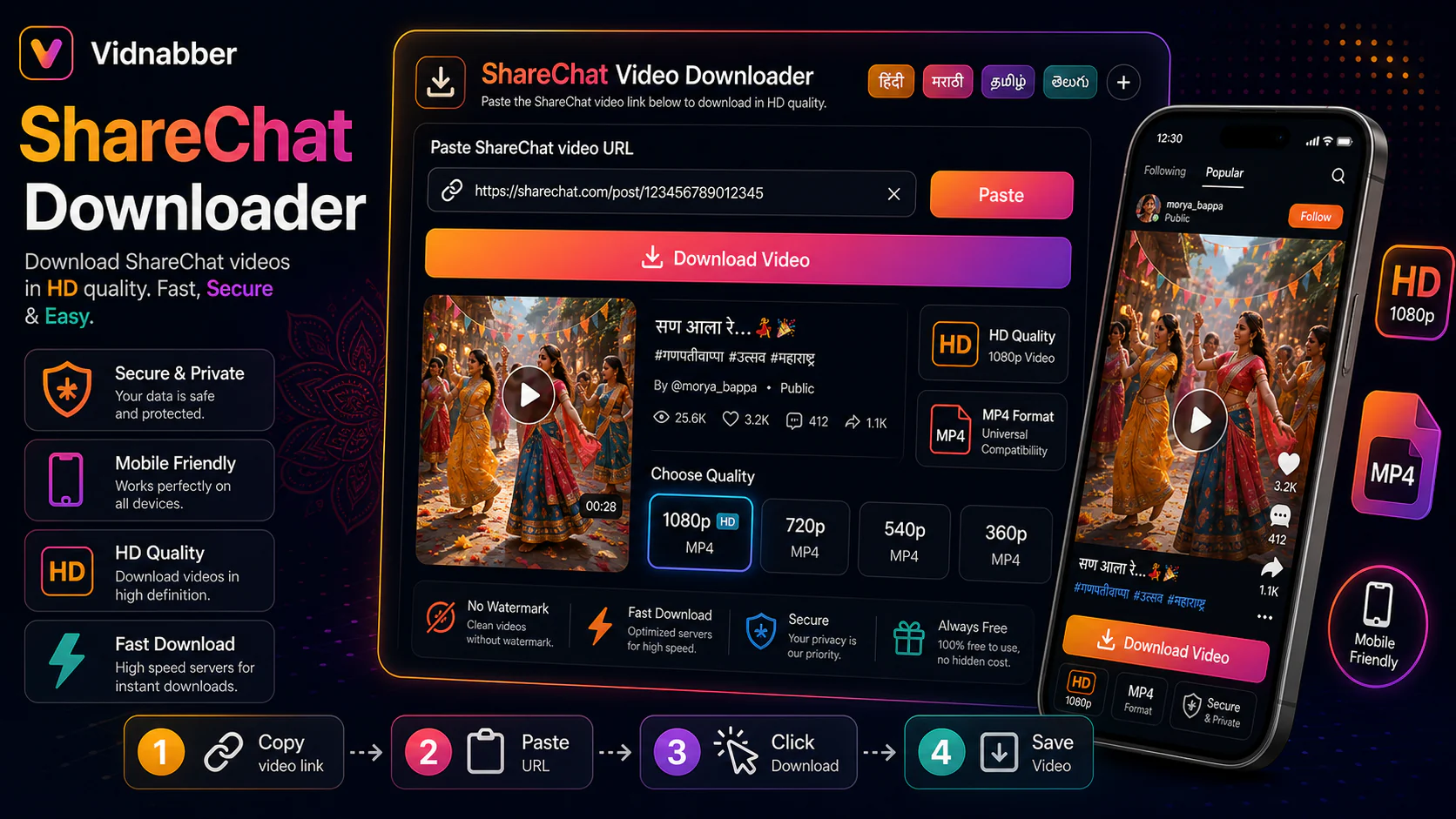 ShareChat downloader infographic showing copy public link, paste URL, review formats, and save video responsibly in a modern Vidnabber interface.