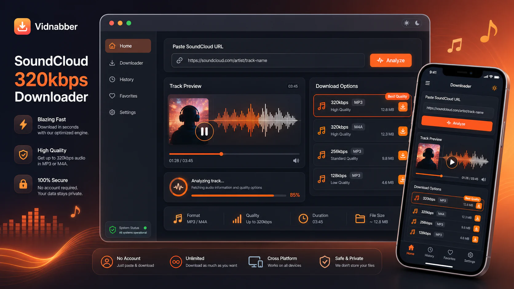 SoundCloud downloader infographic showing copy public link, paste URL, review formats, and save audio responsibly in a modern Vidnabber interface.