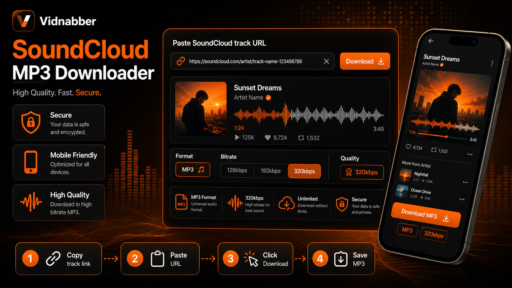 SoundCloud downloader infographic showing copy public link, paste URL, review formats, and save audio responsibly in a modern Vidnabber interface.
