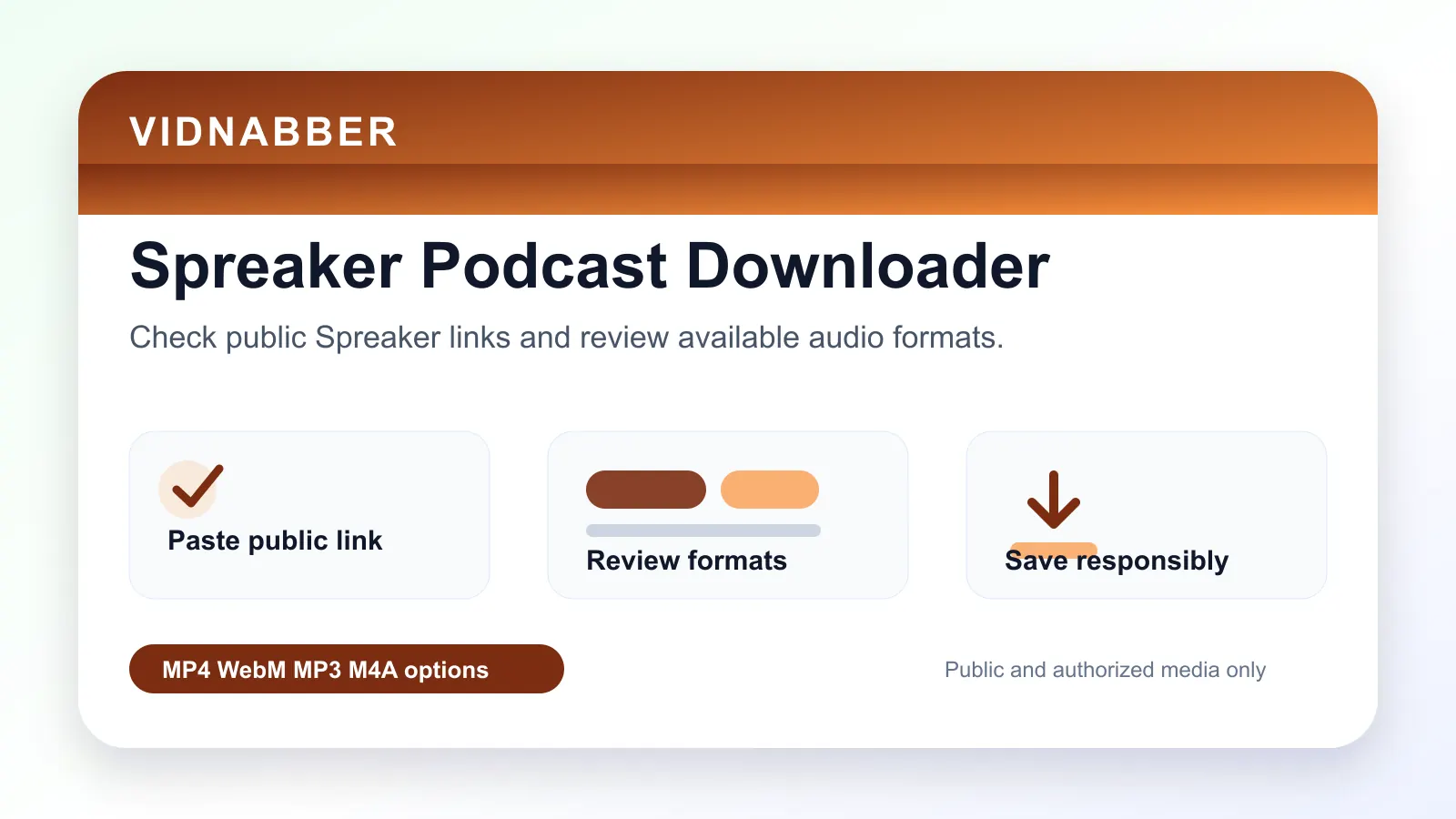 Spreaker downloader infographic showing copy public link, paste URL, review formats, and save audio responsibly in a modern Vidnabber interface.