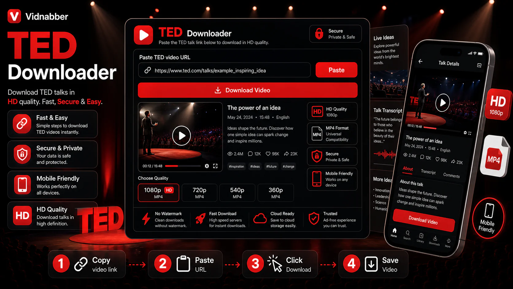 TED downloader infographic showing copy public link, paste URL, review formats, and save video responsibly in a modern Vidnabber interface.