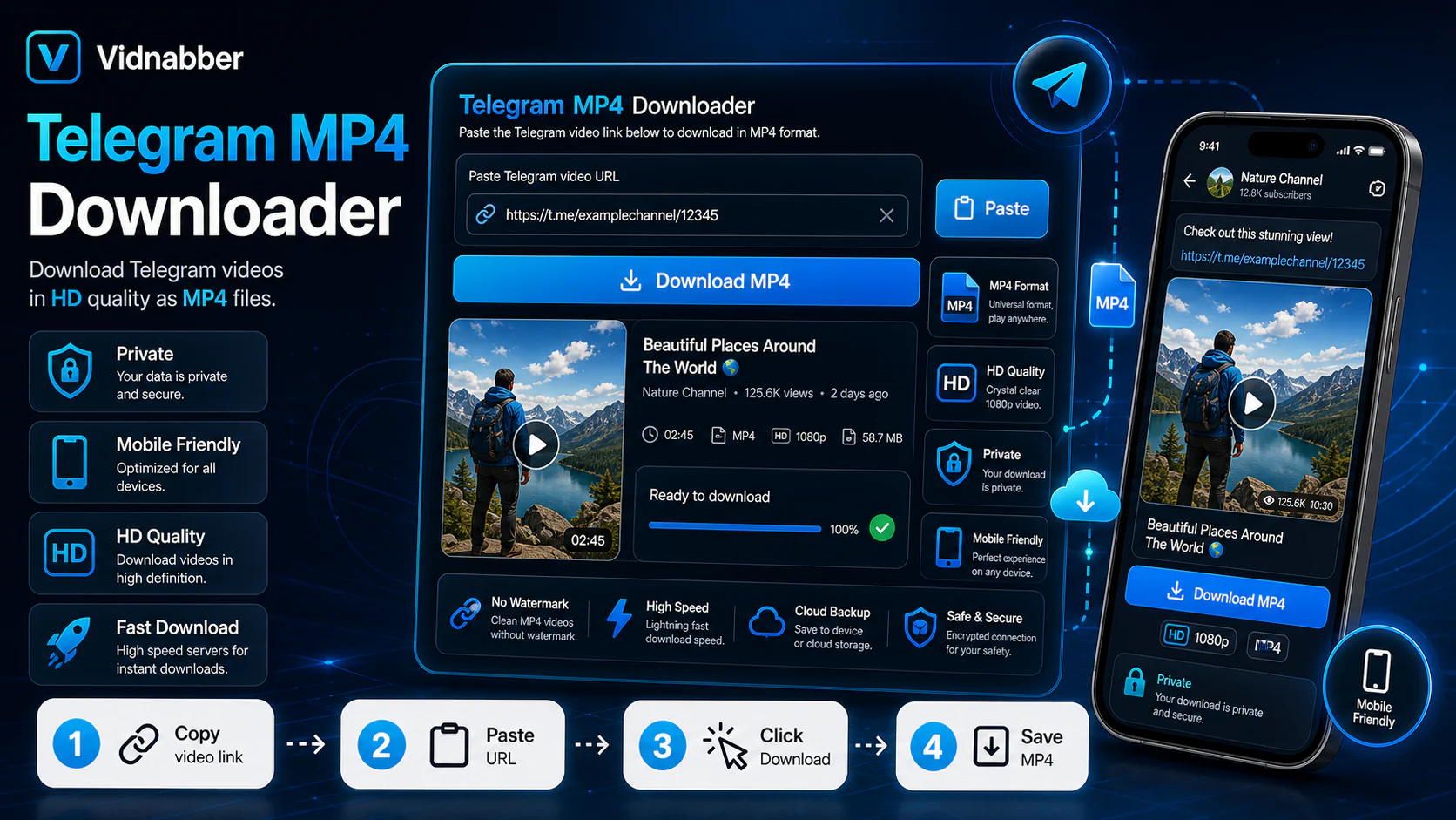 Telegram downloader infographic showing copy public link, paste URL, review formats, and save video responsibly in a modern Vidnabber interface.
