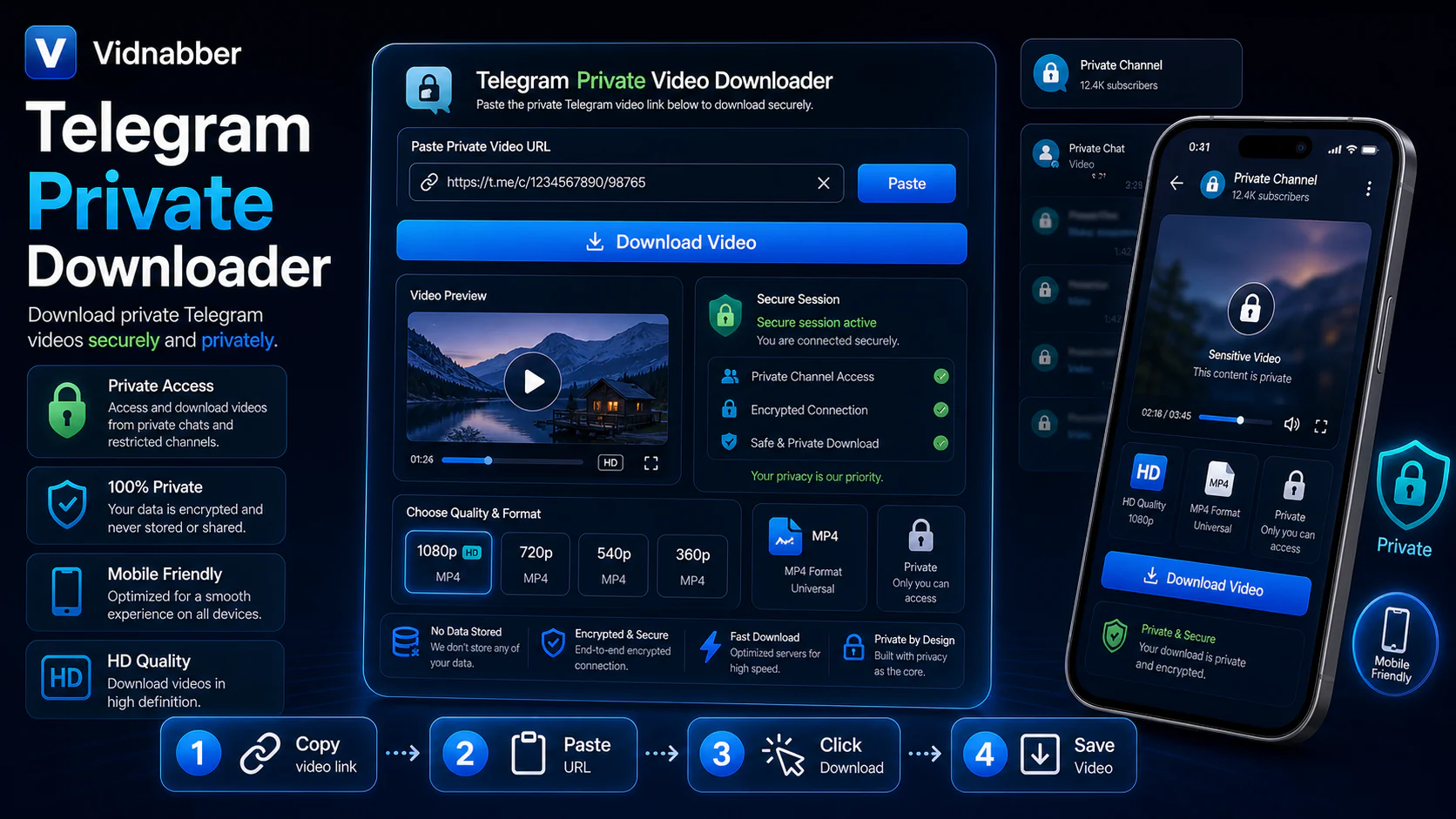 Telegram downloader infographic showing copy public link, paste URL, review formats, and save video responsibly in a modern Vidnabber interface.