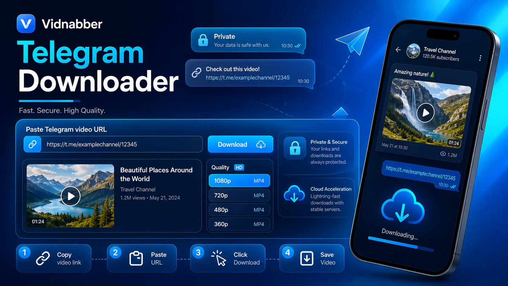 Telegram downloader infographic showing copy public link, paste URL, review formats, and save video responsibly in a modern Vidnabber interface.