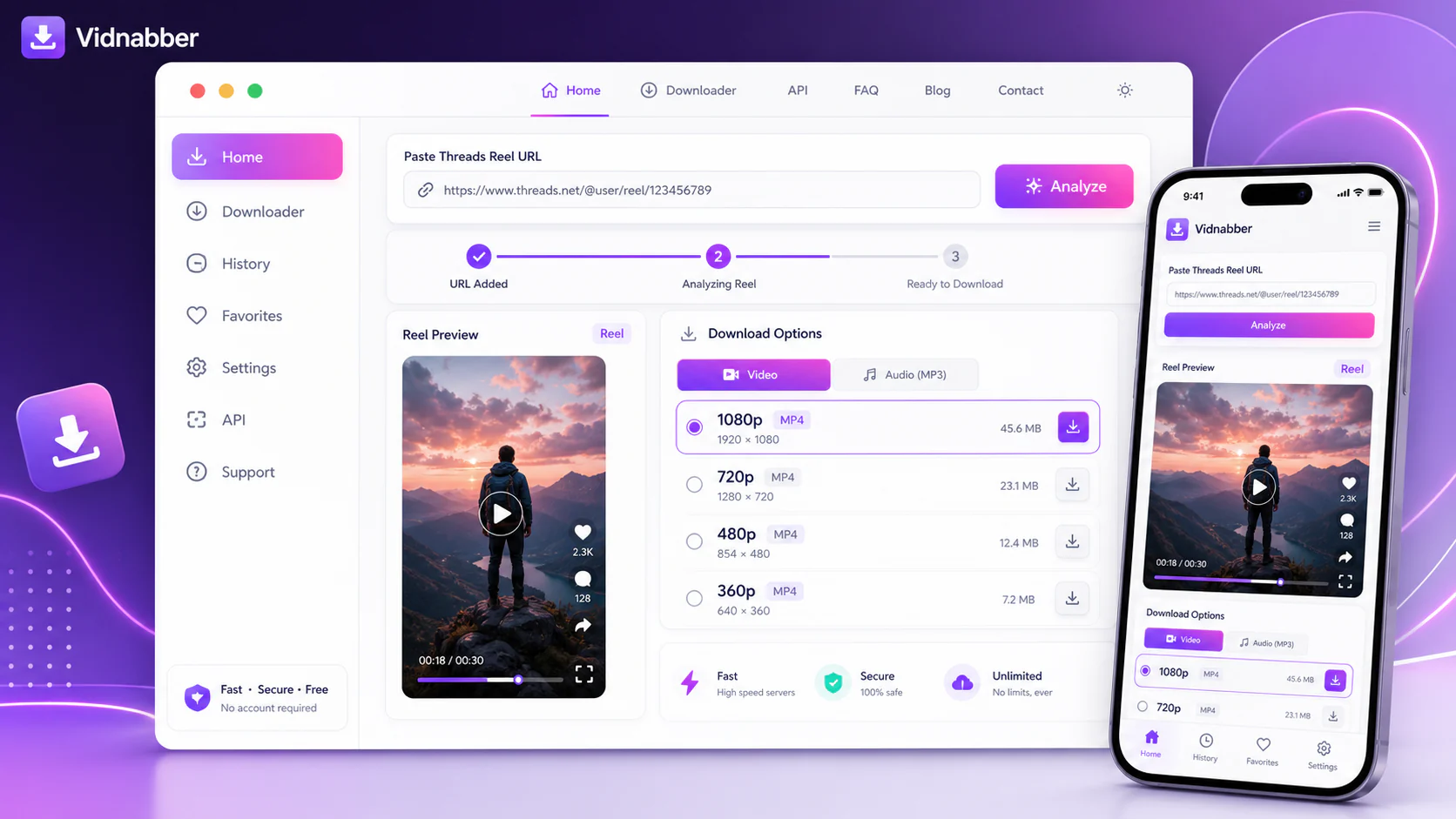 Threads downloader infographic showing copy public link, paste URL, review formats, and save video responsibly in a modern Vidnabber interface.